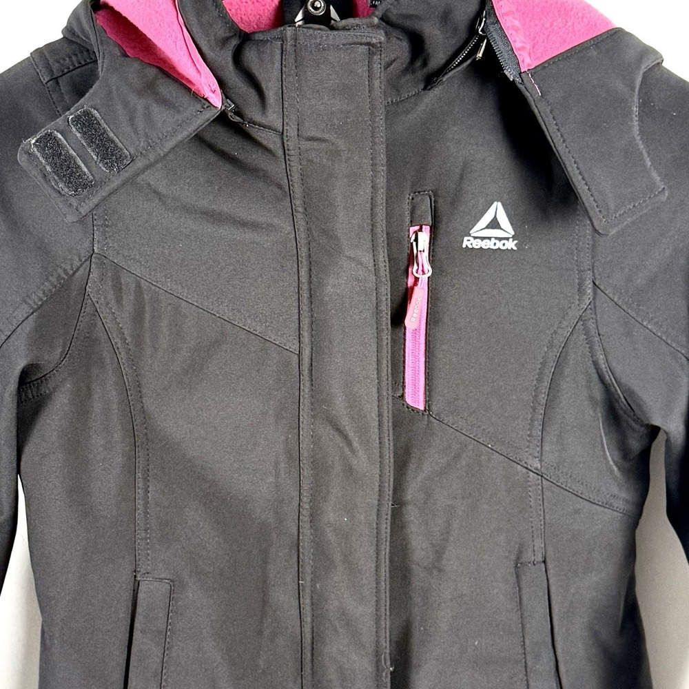 Reebok Girls Softshell Jacket Youth 7/8 Black Pink Hooded Fleece Lined Coat